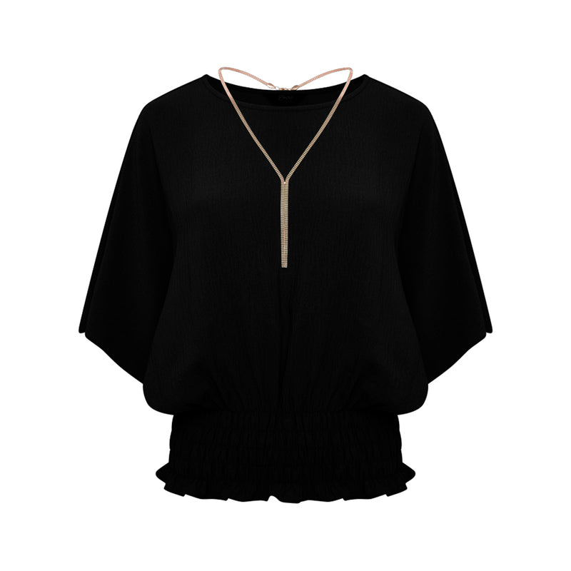 Angel Sleeve Shirred Blouse Top Necklace Black