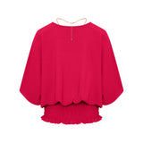Angel Sleeve Shirred Blouse Top Necklace Hot Pink