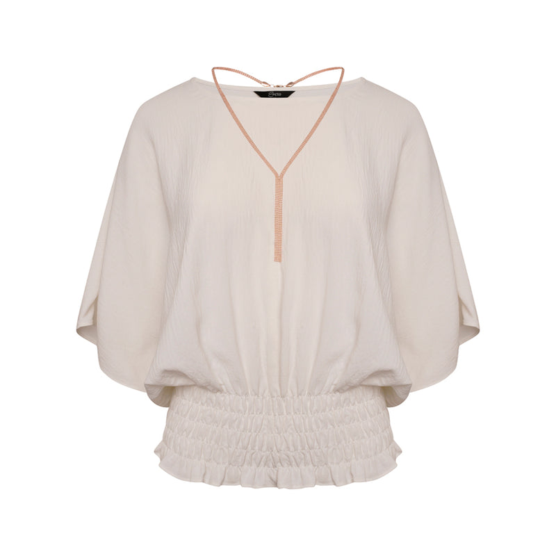 Angel Sleeve Shirred Blouse Top Necklace Ivory