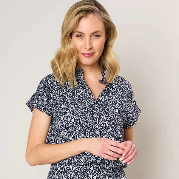 Roll Sleeve Relaxed Fit Print Blouse Navy/Cream