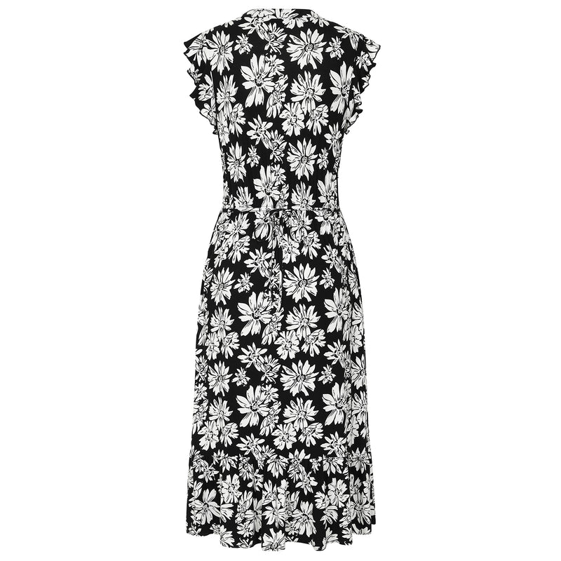 Sleeveless Floral Print Tiered Dress Black/White