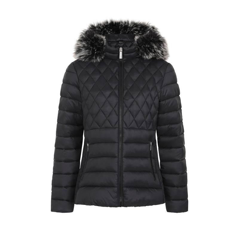 Long Sleeve Faux Fur Hood Quilted Jacket Black