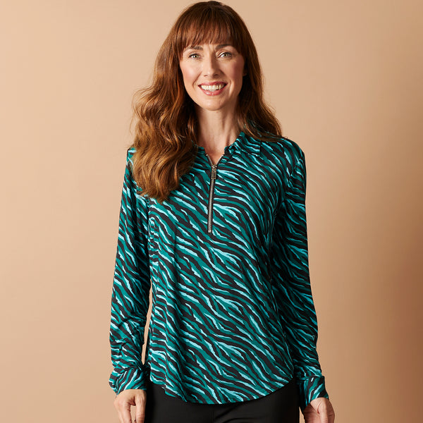 Animal Print Zip Front Blouse Turquoise