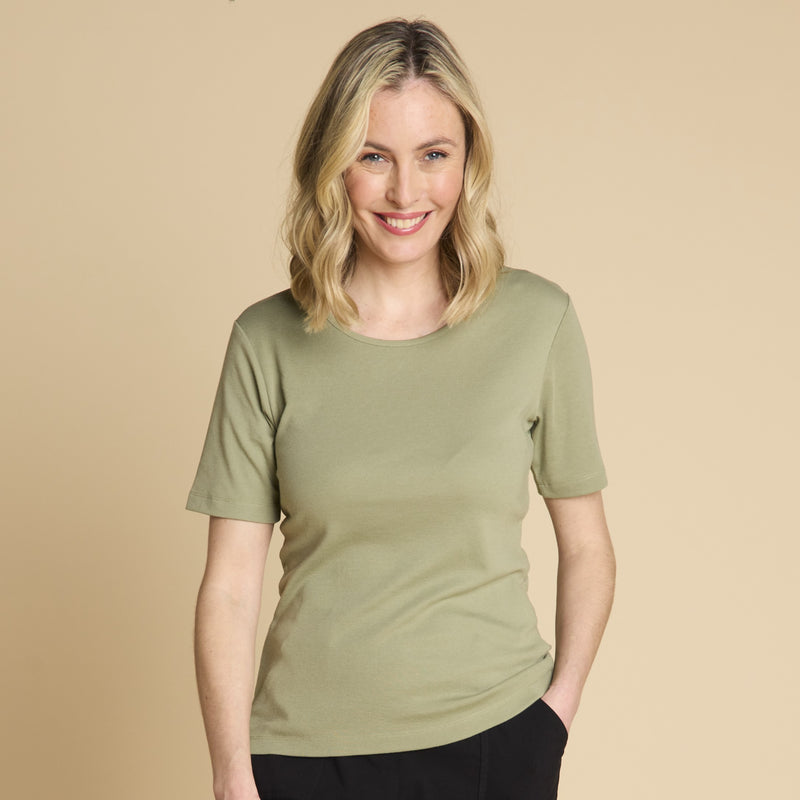 Short Sleeve Ribbed Crew Neck T Shirt Khaki