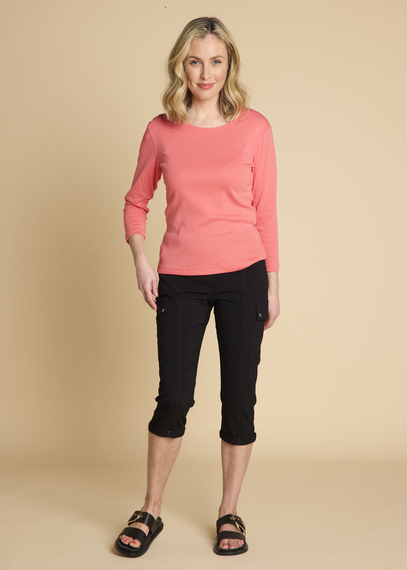 3/4 Sleeve Ribbed Crew Neck Top Coral