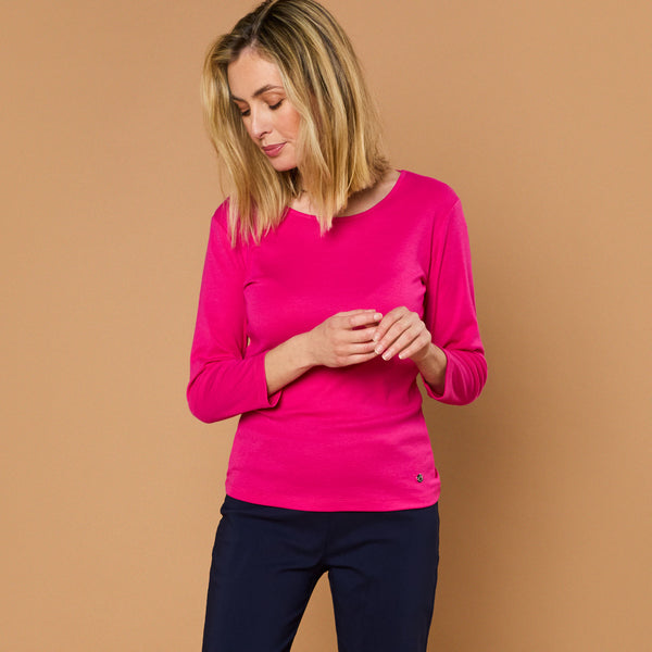 3/4 Sleeve Ribbed Crew Neck Top Pink