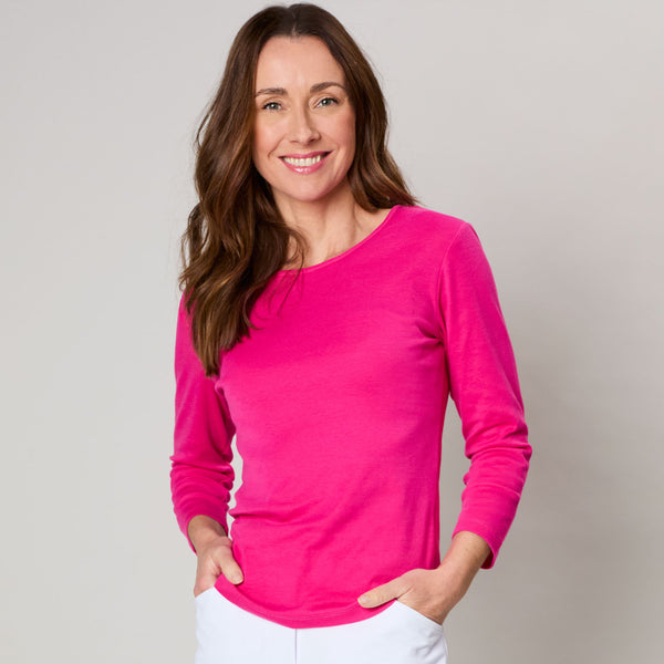 3/4 Sleeve Ribbed Crew Neck Top Pink