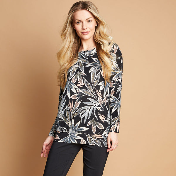 Oversized Long Sleeve Leaf Print Top Multi