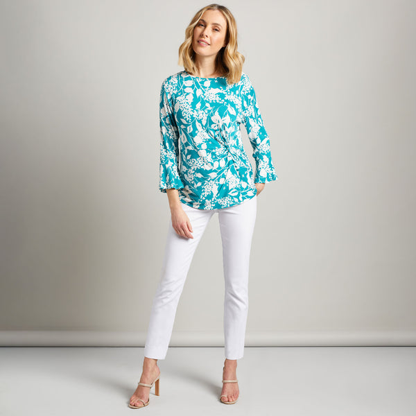 Gathered Fluted Sleeve Floral Top Green/White