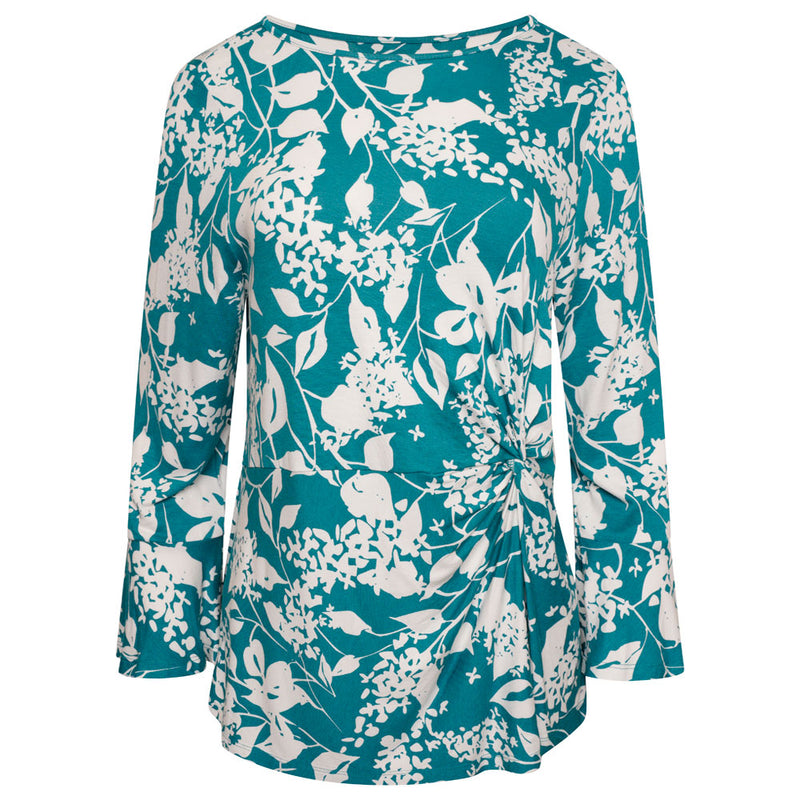 Gathered Fluted Sleeve Floral Top Green/White