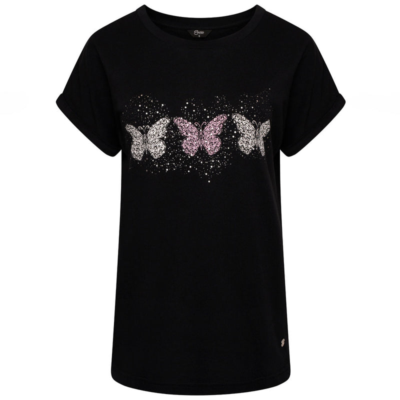 Butterfly Foil Star Round Neck T-Shirt Black
