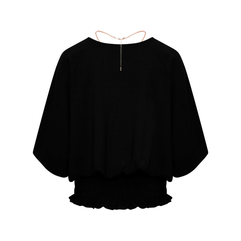 Angel Sleeve Shirred Blouse Top Necklace Black