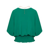Angel Sleeve Shirred Blouse Top Necklace Emerald