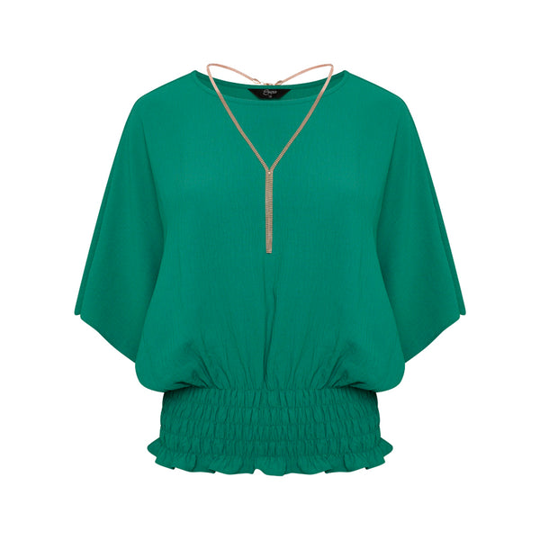 Angel Sleeve Shirred Blouse Top Necklace Emerald