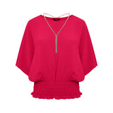 Angel Sleeve Shirred Blouse Top Necklace Hot Pink