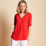 Zip Front Roll Sleeve Relaxed Fit Blouse Red
