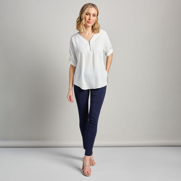 Zip Front Roll Sleeve Relaxed Fit Blouse Ivory