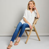 Zip Front Roll Sleeve Relaxed Fit Blouse Ivory