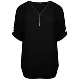 Zip Front Roll Sleeve Relaxed Fit Blouse Black