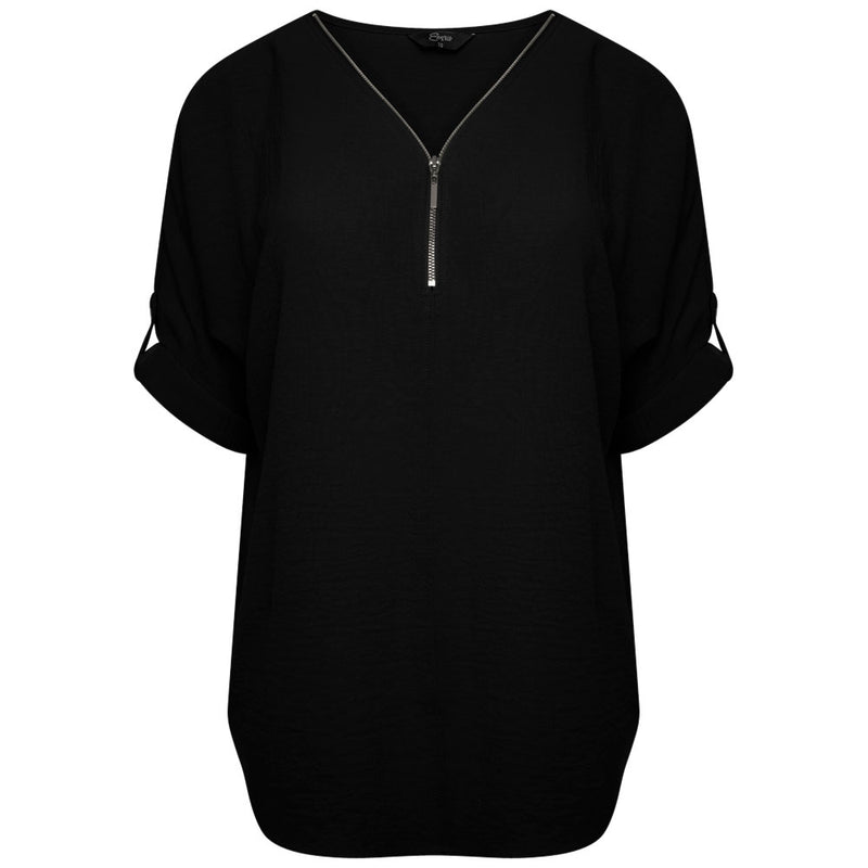 Zip Front Roll Sleeve Relaxed Fit Blouse Black