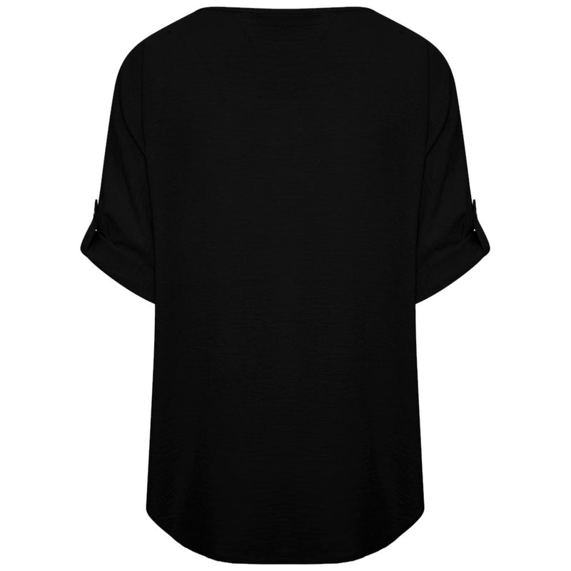 Zip Front Roll Sleeve Relaxed Fit Blouse Black