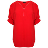 Zip Front Roll Sleeve Relaxed Fit Blouse Red