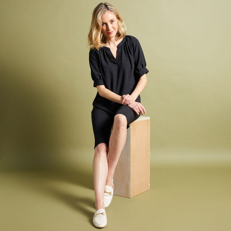 Short Cuff Sleeve V-Neck Relaxed Blouse Black