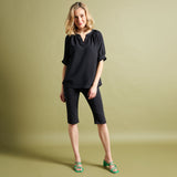 Short Cuff Sleeve V-Neck Relaxed Blouse Black