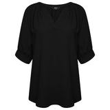 Short Cuff Sleeve V-Neck Relaxed Blouse Black