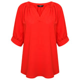 Short Cuff Sleeve V-Neck Relaxed Blouse Red