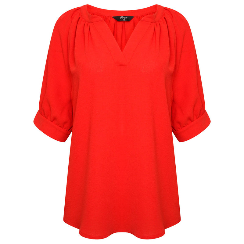 Short Cuff Sleeve V-Neck Relaxed Blouse Red
