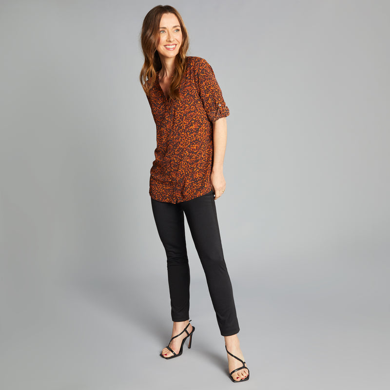 Roll Sleeve Floral Print Blouse Orange