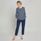 Long Sleeve Print Pleated Swing Top Navy