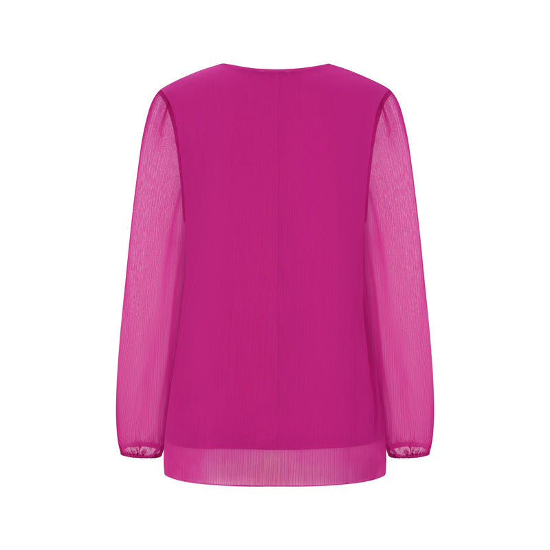Long Sleeve Pleated Plain Swing Top Magenta