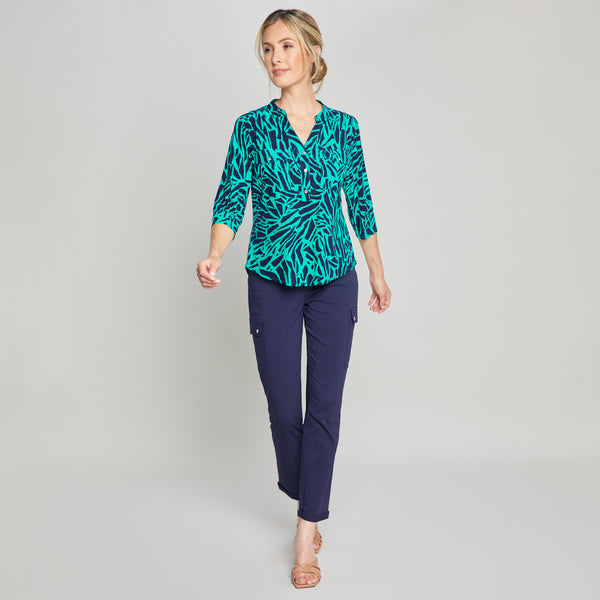 3/4 Sleeve Animal Print Blouse Top Green