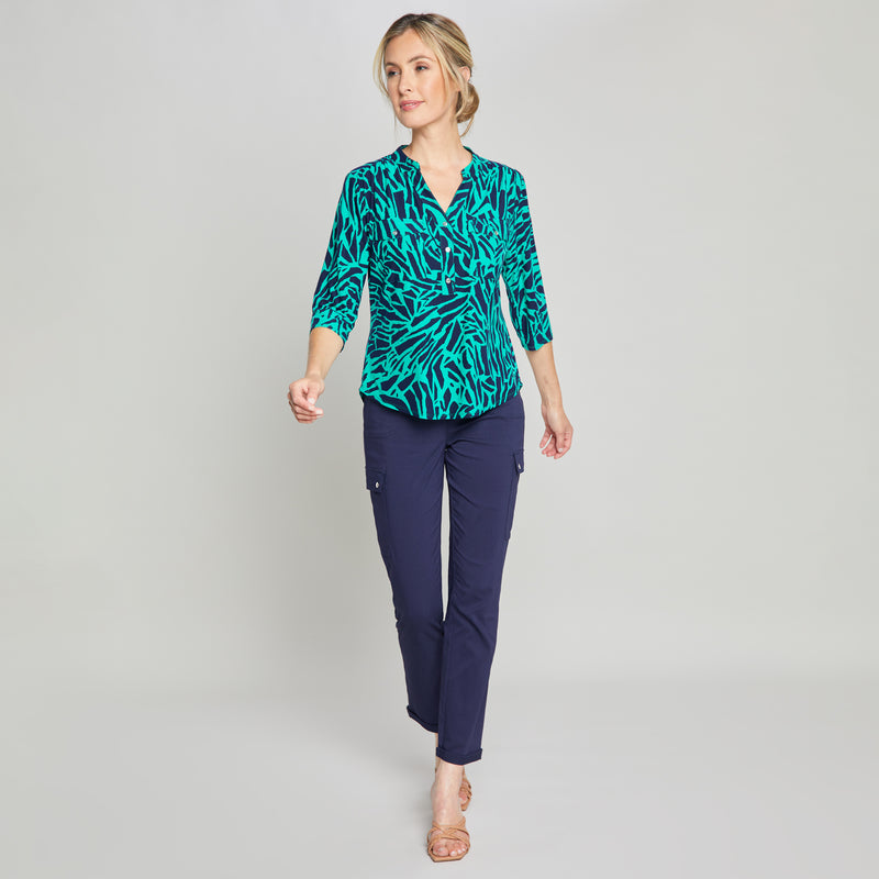 3/4 Sleeve Animal Print Blouse Top Green