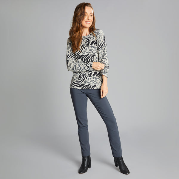 Long Sleeve Soft Touch Animal Print Top Grey