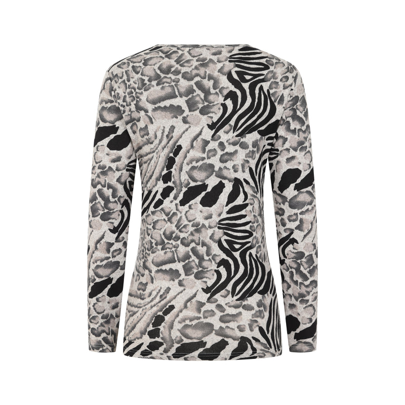 Long Sleeve Soft Touch Animal Print Top Grey