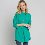 Roll Sleeve Tie Waist Tunic Shirt Green