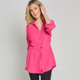 Roll Sleeve Tie Waist Tunic Shirt Hot Pink