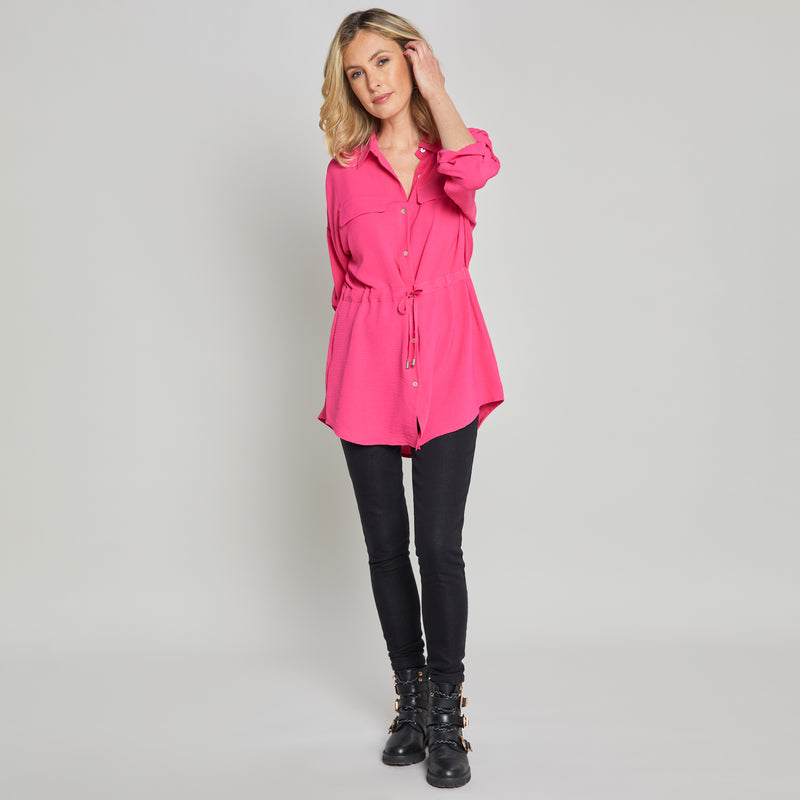 Roll Sleeve Tie Waist Tunic Shirt Hot Pink