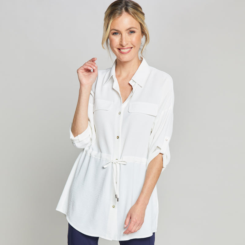 Roll Sleeve Tie Waist Tunic Shirt Ivory