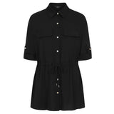 Roll Sleeve Tie Waist Tunic Shirt Black