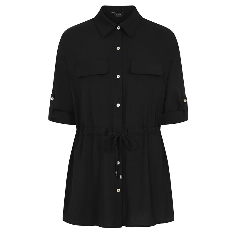 Roll Sleeve Tie Waist Tunic Shirt Black