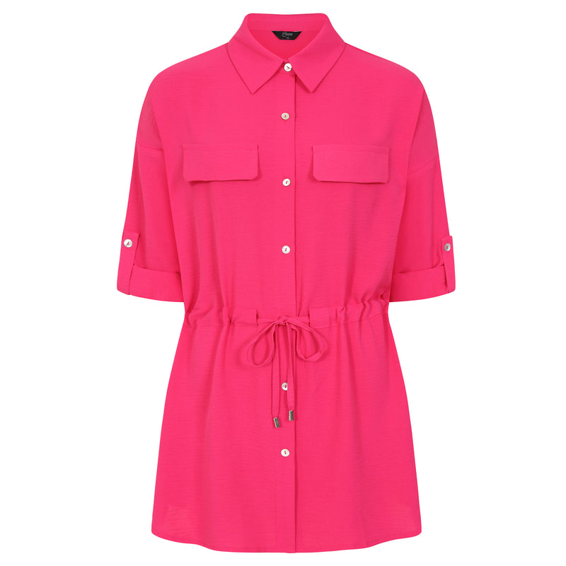 Roll Sleeve Tie Waist Tunic Shirt Hot Pink