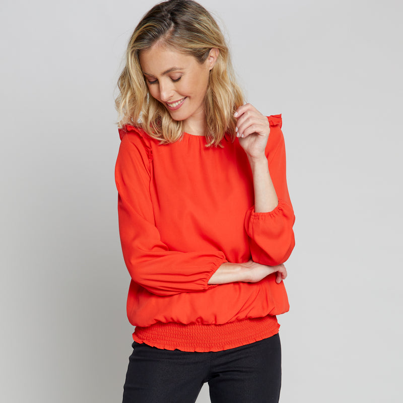 Long Sleeve Shirred Hem Blouse Red