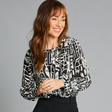 Long Sleeve Print Pintuck Button Blouse Black / White