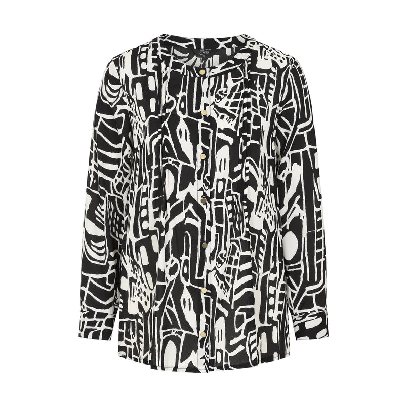 Long Sleeve Print Pintuck Button Blouse Black / White