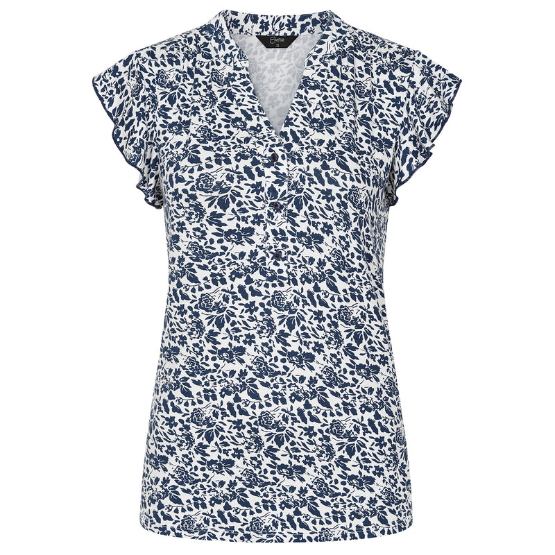 Sleeveless Floral Print Frill Top Navy/White