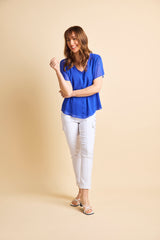 Angel Sleeve V Neck Button Blouse Blue
